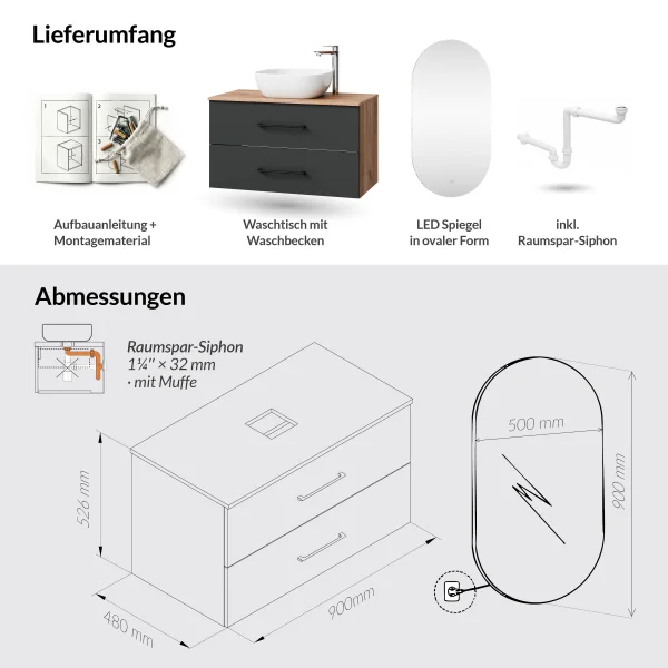 LUX Badmöbel-Set – 90 cm Gold Eiche/Anthrazit, Waschtisch mit Aufsatzwaschbecken 42 cm Weiß & LED Spiegel