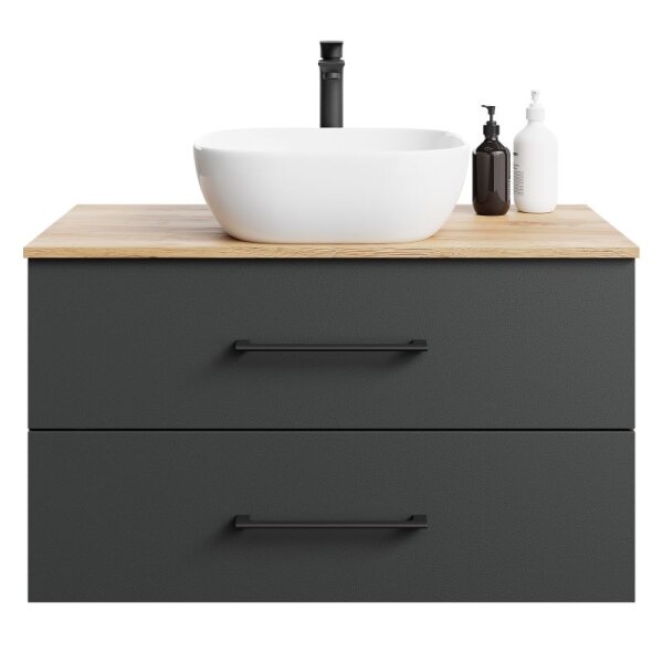 LUX Badmöbel-Set – 90 cm Gold Eiche/Anthrazit, Waschtisch mit Aufsatzwaschbecken 42 cm Weiß & Spiegel 50 cm (ohne LED)
