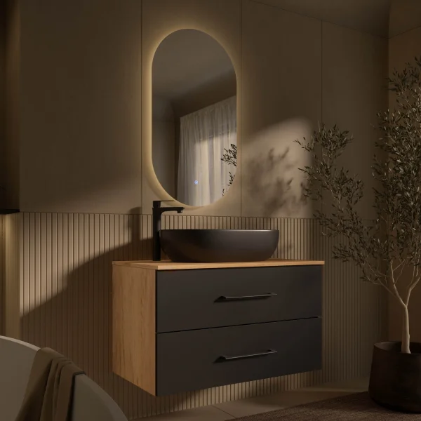 LUX Badmöbel-Set – 90 cm Gold Eiche/Anthrazit, Aufsatzwaschbecken 60 cm Schwarz & LED Spiegel
