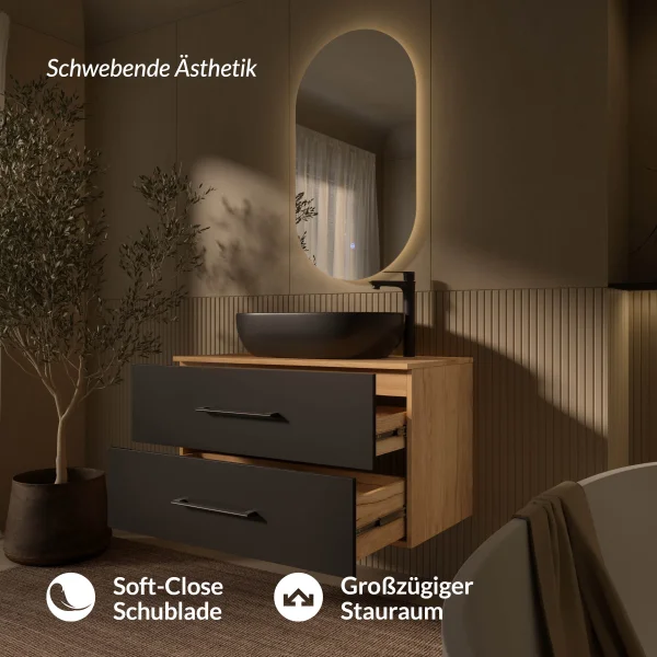 LUX Badmöbel-Set – 90 cm Gold Eiche/Anthrazit, Aufsatzwaschbecken 60 cm Schwarz & LED Spiegel