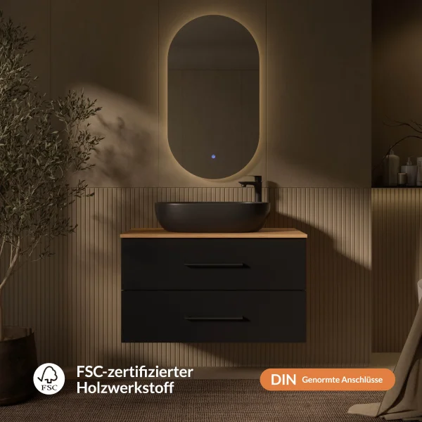 LUX Badmöbel-Set – 90 cm Gold Eiche/Anthrazit, Aufsatzwaschbecken 60 cm Schwarz & LED Spiegel
