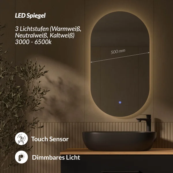 LUX Badmöbel-Set – 90 cm Gold Eiche/Anthrazit, Aufsatzwaschbecken 60 cm Schwarz & LED Spiegel