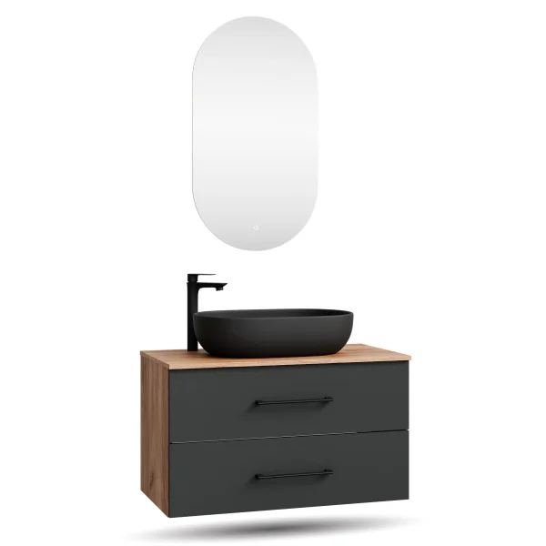 LUX Badmöbel-Set – 90 cm Gold Eiche/Anthrazit, Aufsatzwaschbecken 60 cm Schwarz & LED Spiegel
