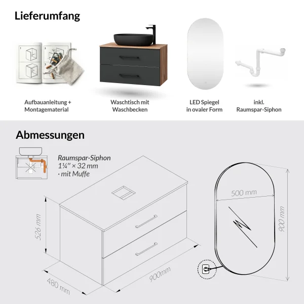 LUX Badmöbel-Set – 90 cm Gold Eiche/Anthrazit, Aufsatzwaschbecken 60 cm Schwarz & LED Spiegel