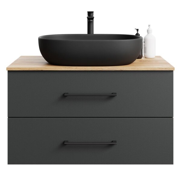 LUX Badmöbel-Set – 90 cm Gold Eiche/Anthrazit, Aufsatzwaschbecken 60 cm Schwarz & Spiegel 50 cm (ohne LED)