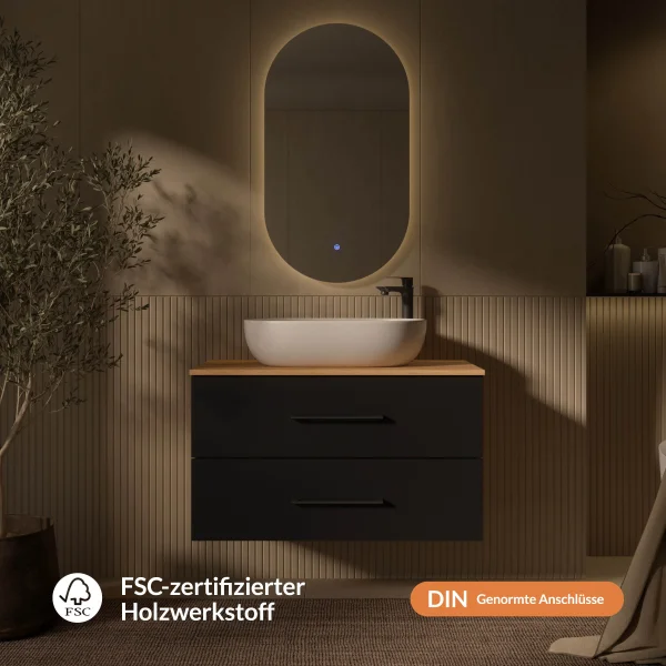 Badmöbel Set LUX 90 cm mit Waschbecken Weiß und LED Spiegel – Anthrazit/Gold Eiche