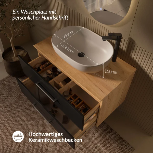 Badmöbel Set LUX 90 cm mit Waschbecken Weiß und LED Spiegel – Anthrazit/Gold Eiche