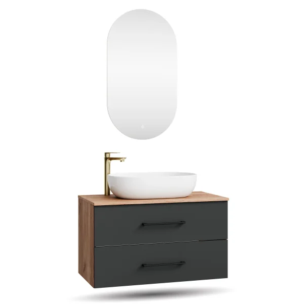 Badmöbel Set LUX 90 cm mit Waschbecken Weiß und LED Spiegel – Anthrazit/Gold Eiche