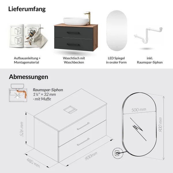 Badmöbel Set LUX 90 cm mit Waschbecken Weiß und LED Spiegel – Anthrazit/Gold Eiche