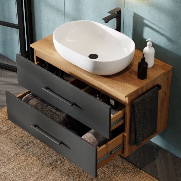 Bathroom Furniture Set LUX 90 cm with Washbasin White and Mirror – Anthracite/Golden Oak
