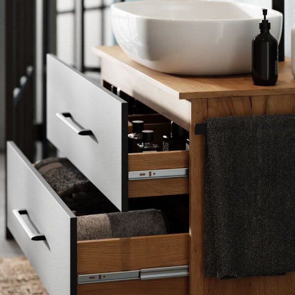 Bathroom Furniture Set LUX 90 cm with Washbasin White and Mirror – Anthracite/Golden Oak