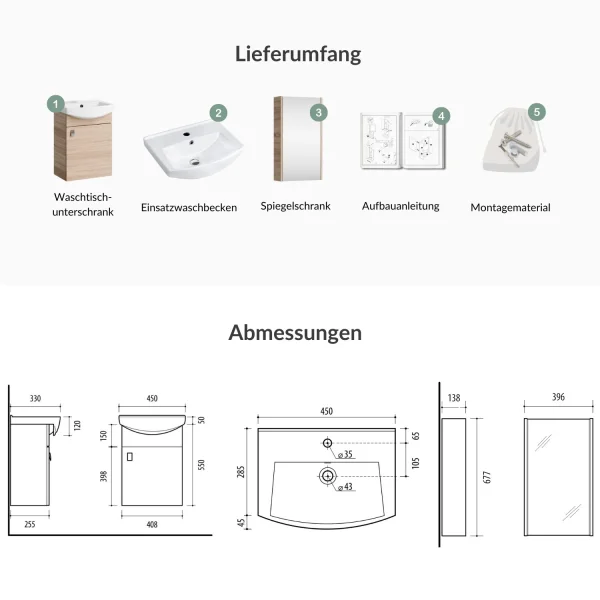 Badmöbel-Set mit Spiegelschrank 45cm (Sonoma Eiche)