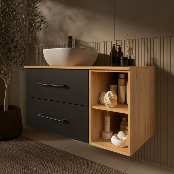 Mueble de lavabo LUX de 100 cm en roble dorado / antracita con lavabo de 42 cm en blanco
