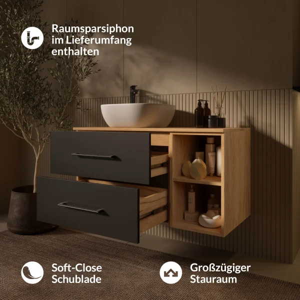 Mueble de lavabo LUX de 100 cm en roble dorado / antracita con lavabo de 42 cm en blanco