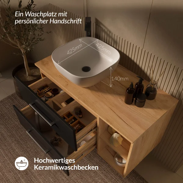 Mueble de lavabo LUX de 100 cm en roble dorado / antracita con lavabo de 42 cm en blanco