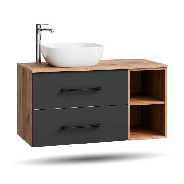 Mueble de lavabo LUX de 100 cm en roble dorado / antracita con lavabo de 42 cm en blanco