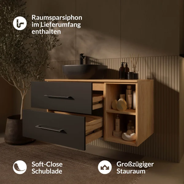 Meuble sous-lavabo LUX 120 cm, chêne doré / anthracite, avec lavabo de 42 cm, noir