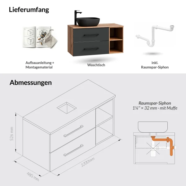Meuble sous-lavabo LUX 120 cm, chêne doré / anthracite, avec lavabo de 42 cm, noir