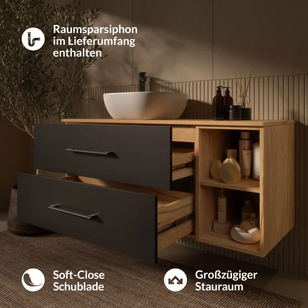 Meuble sous-lavabo LUX 120 cm, chêne doré / anthracite, avec lavabo blanc de 42 cm