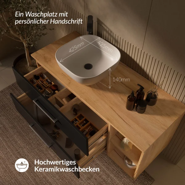 Meuble sous-lavabo LUX 120 cm, chêne doré / anthracite, avec lavabo blanc de 42 cm