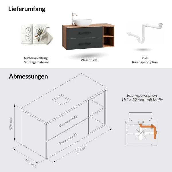 Meuble sous-lavabo LUX 120 cm, chêne doré / anthracite, avec lavabo blanc de 42 cm
