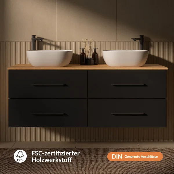 Mueble bajo para lavabo LUX de 140 cm, roble dorado / antracita, con lavabo de 42 cm, negro