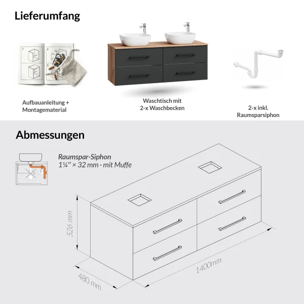 Mueble bajo para lavabo LUX de 140 cm, roble dorado / antracita, con lavabo de 42 cm, negro