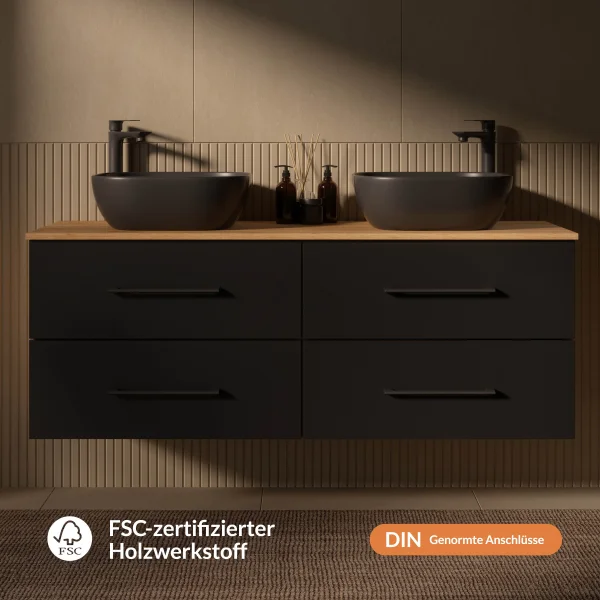 Mueble bajo para lavabo LUX de 140 cm en roble dorado / antracita con lavabo blanco de 42 cm