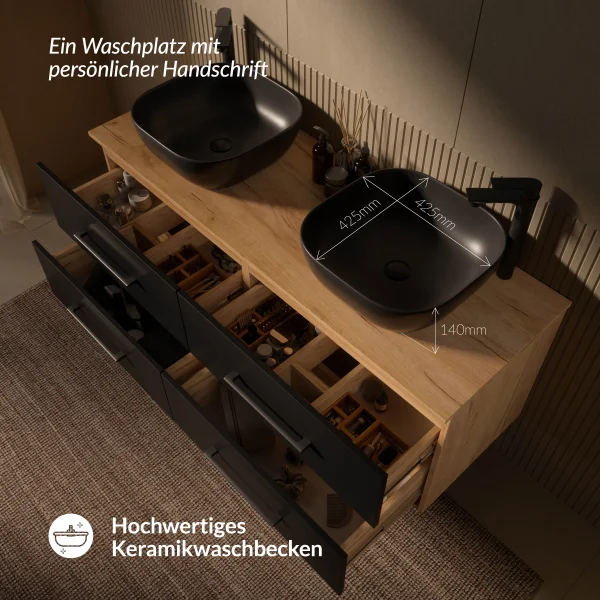 Mueble bajo para lavabo LUX de 140 cm en roble dorado / antracita con lavabo blanco de 42 cm
