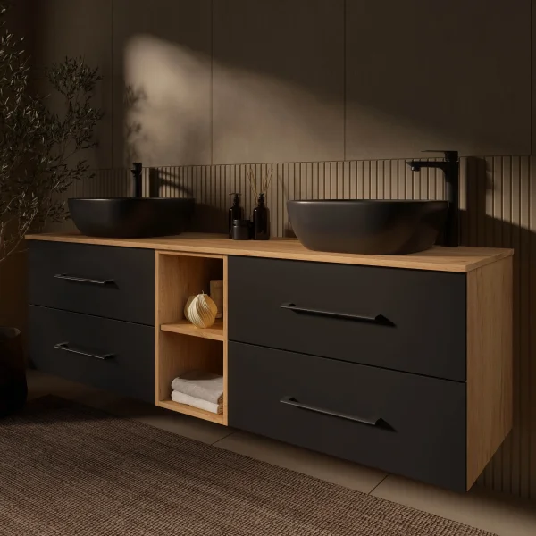 Mueble de lavabo LUX de 170 cm en roble dorado / antracita con lavabo de 42 cm en negro