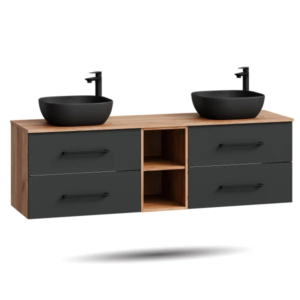 Mueble de lavabo LUX de 170 cm en roble dorado / antracita con lavabo de 42 cm en negro