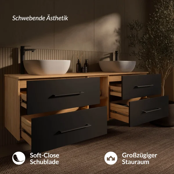 Meuble sous-lavabo LUX 170 cm, chêne doré / anthracite, avec lavabo blanc de 42 cm