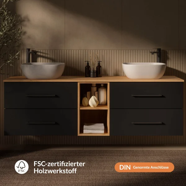 Meuble sous-lavabo LUX 170 cm, chêne doré / anthracite, avec lavabo blanc de 42 cm