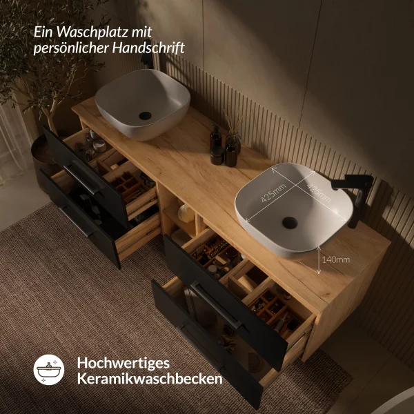 Meuble sous-lavabo LUX 170 cm, chêne doré / anthracite, avec lavabo blanc de 42 cm