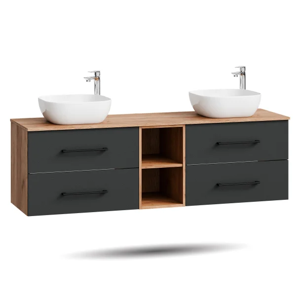 Meuble sous-lavabo LUX 170 cm, chêne doré / anthracite, avec lavabo blanc de 42 cm