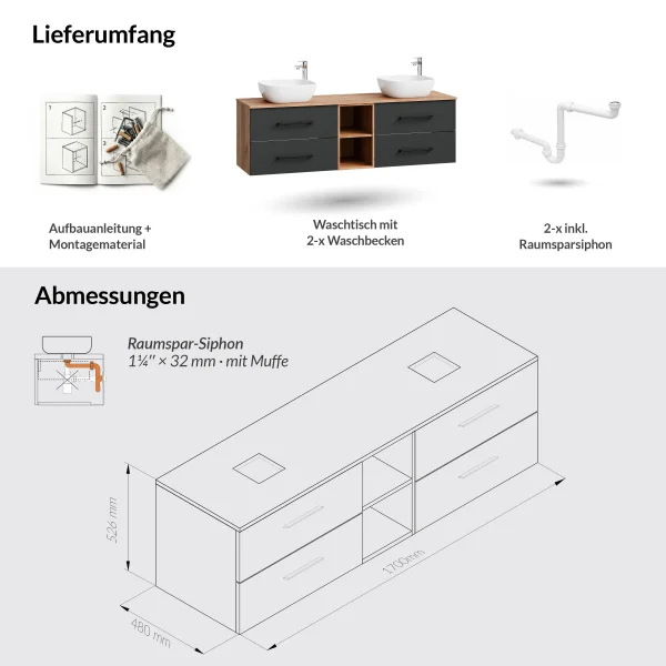 Meuble sous-lavabo LUX 170 cm, chêne doré / anthracite, avec lavabo blanc de 42 cm