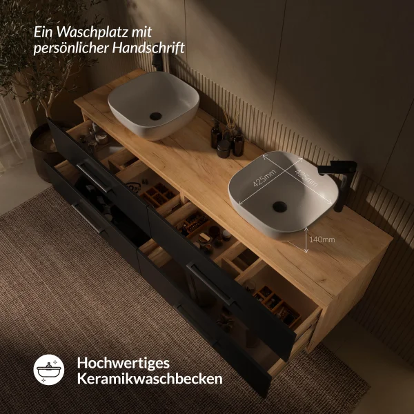 LUX 180 cm Vanity Cabinet in Gold Oak / Anthracite with 42 cm White Sink
