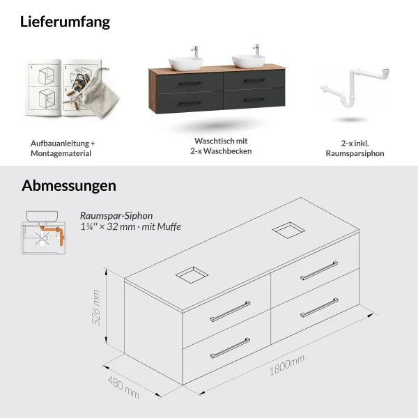 LUX 180 cm Vanity Cabinet in Gold Oak / Anthracite with 42 cm White Sink