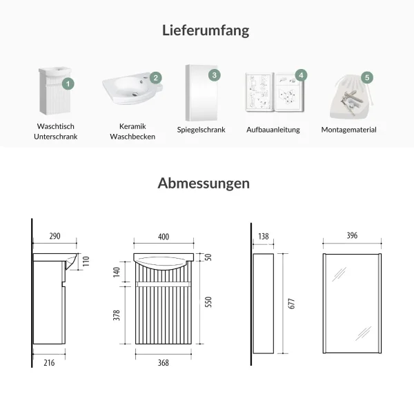 Badmöbel-Set mit Spiegelschrank Wega 40 cm Weiß Matt