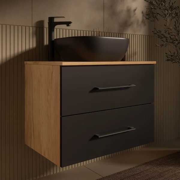 Mueble de lavabo LUX de 70 cm en roble dorado / antracita con lavabo de 42 cm en negro