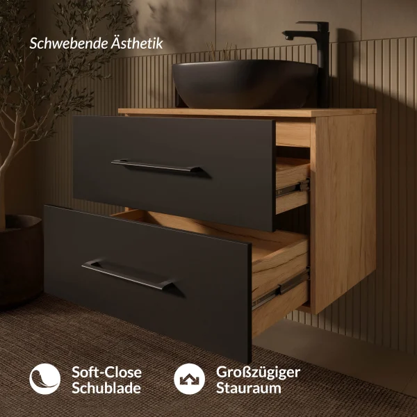 Mueble de lavabo LUX de 70 cm en roble dorado / antracita con lavabo de 42 cm en negro
