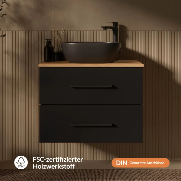Mueble de lavabo LUX de 70 cm en roble dorado / antracita con lavabo de 42 cm en negro