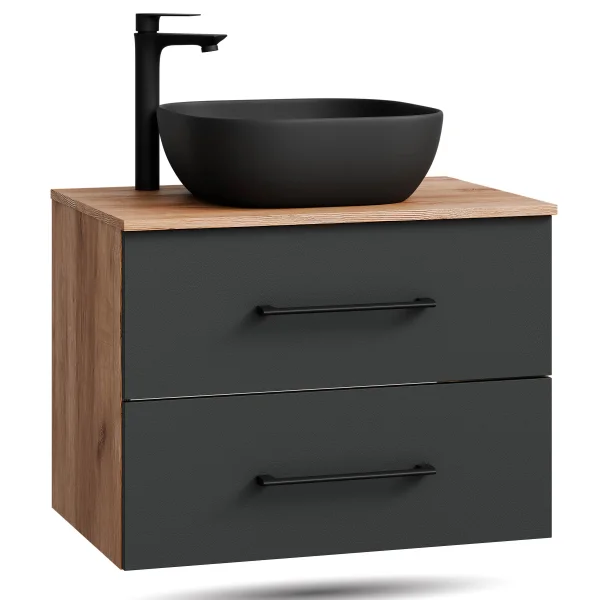 Mueble de lavabo LUX de 70 cm en roble dorado / antracita con lavabo de 42 cm en negro