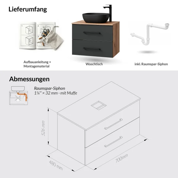 Mueble de lavabo LUX de 70 cm en roble dorado / antracita con lavabo de 42 cm en negro