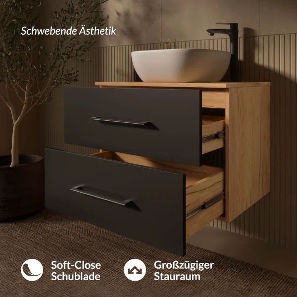 Mueble de lavabo LUX de 70 cm en roble dorado / antracita con lavabo de 42 cm en blanco