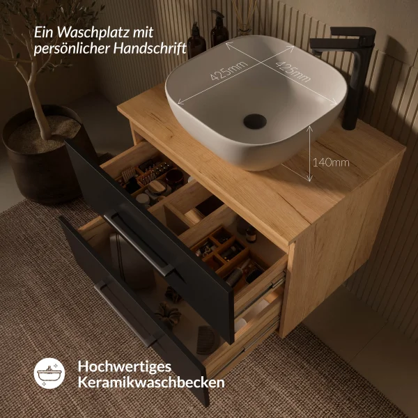 Mueble de lavabo LUX de 70 cm en roble dorado / antracita con lavabo de 42 cm en blanco
