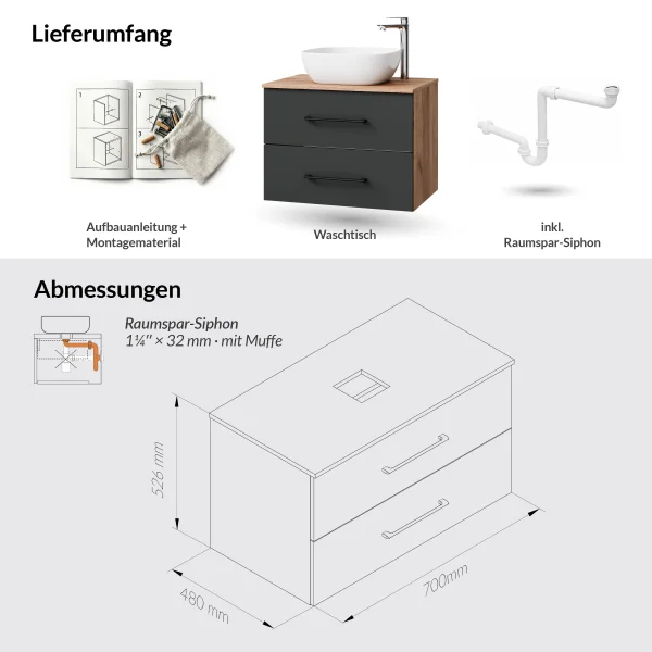 Mueble de lavabo LUX de 70 cm en roble dorado / antracita con lavabo de 42 cm en blanco