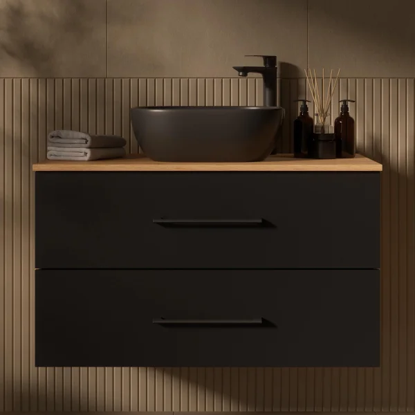 LUX 90 cm Vanity Cabinet in Gold Oak / Anthracite with 42 cm Black Sink