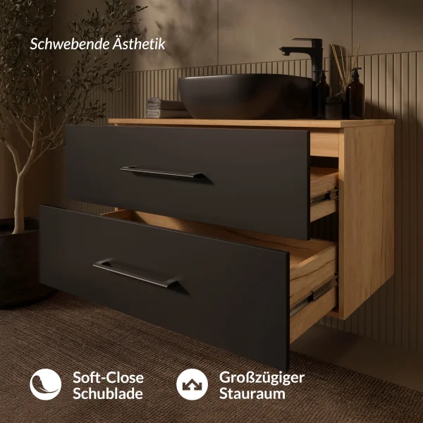 LUX 90 cm Vanity Cabinet in Gold Oak / Anthracite with 42 cm Black Sink