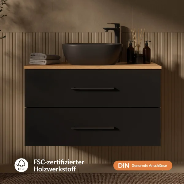 LUX 90 cm Vanity Cabinet in Gold Oak / Anthracite with 42 cm Black Sink